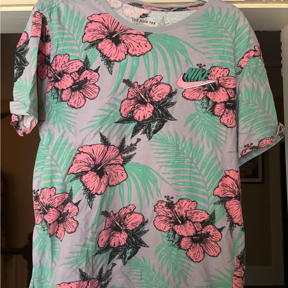 Nike Pink and Green Floral Tee